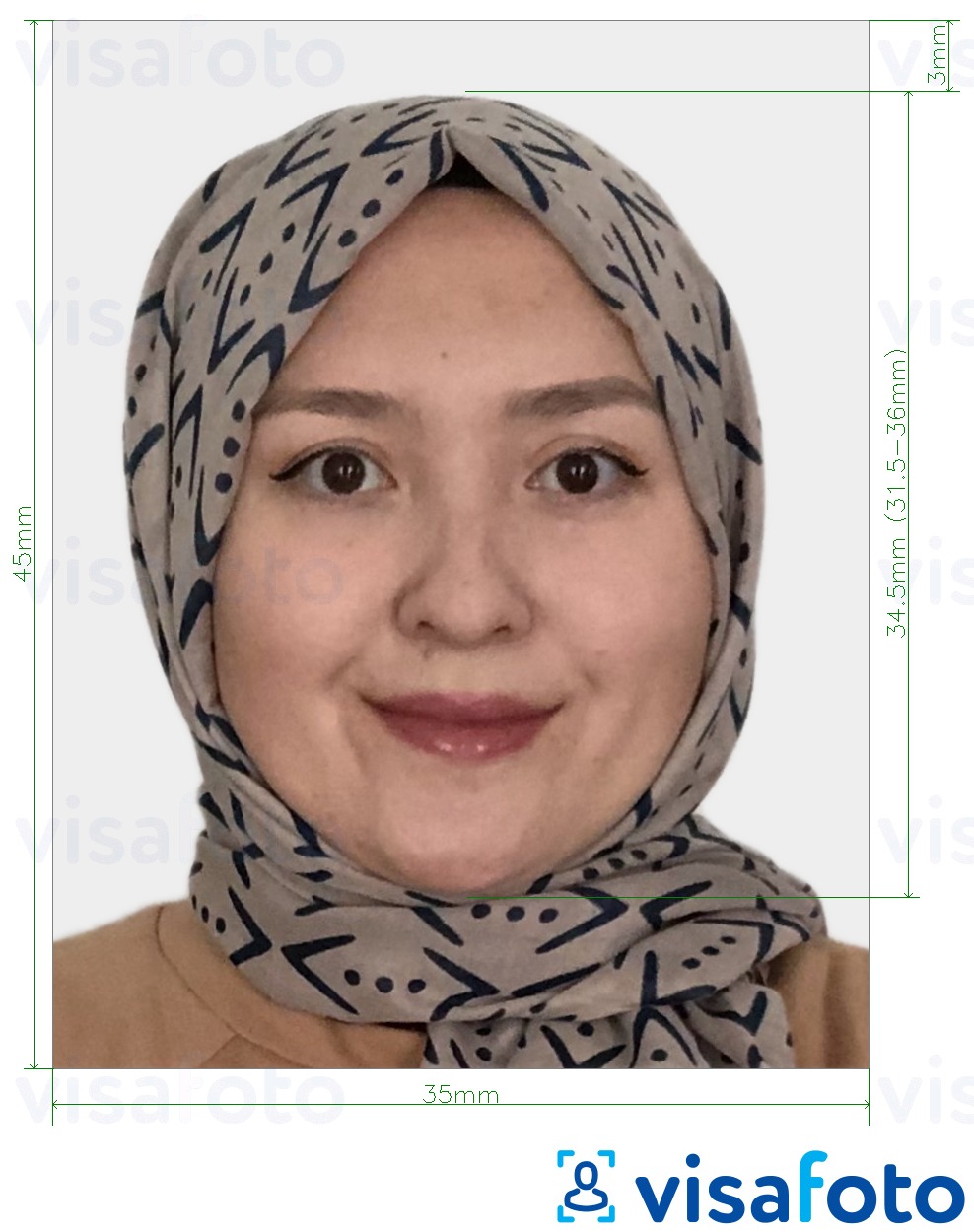 Exemple de foto per a Kazakhstan Visa 35x45 mm (3.5x4.5 cm) amb la mida exacta especificada