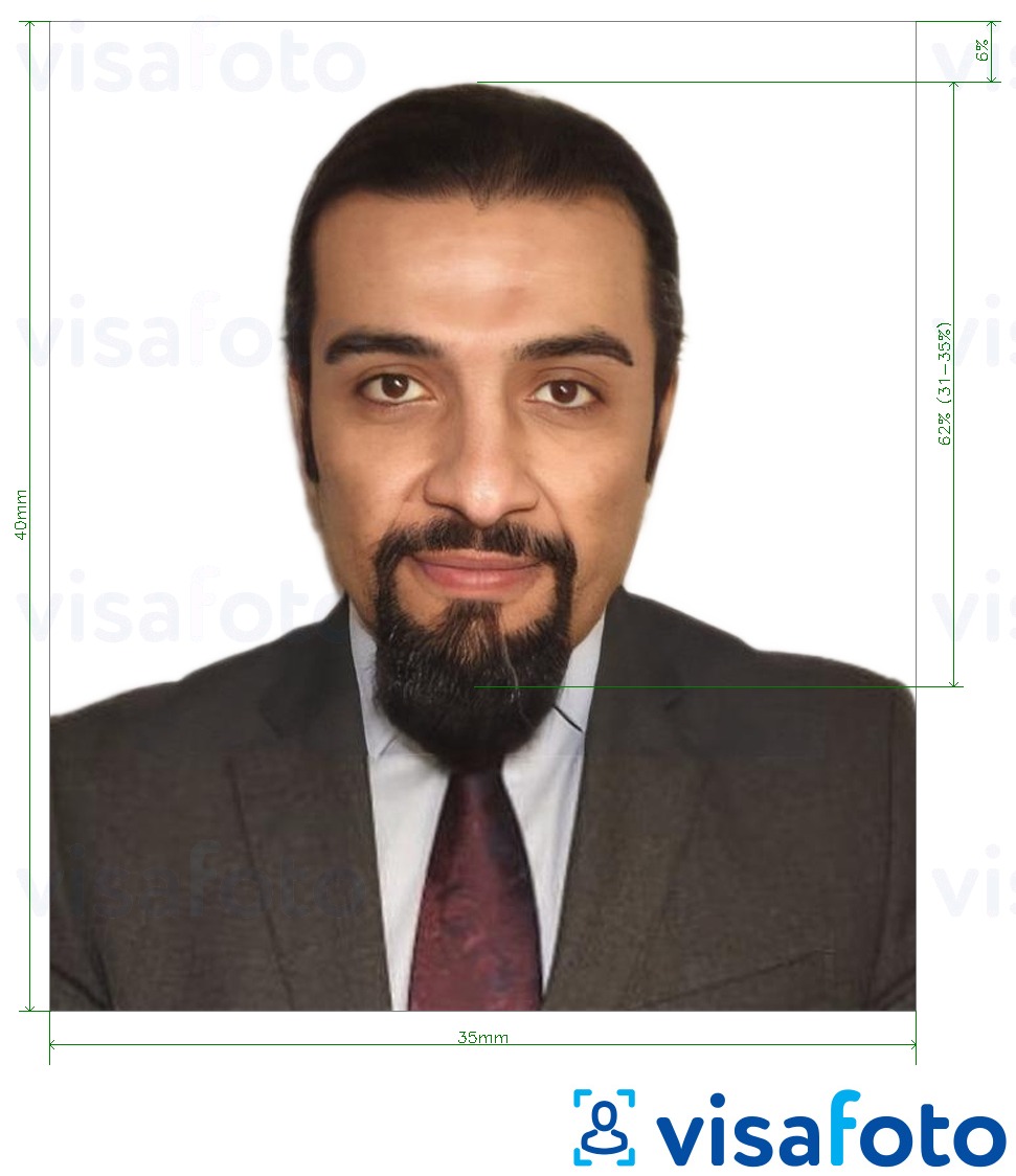 Exemple de foto per a Emirats ID / visat de residència per als Emirats Àrabs Units ICA amb la mida exacta especificada