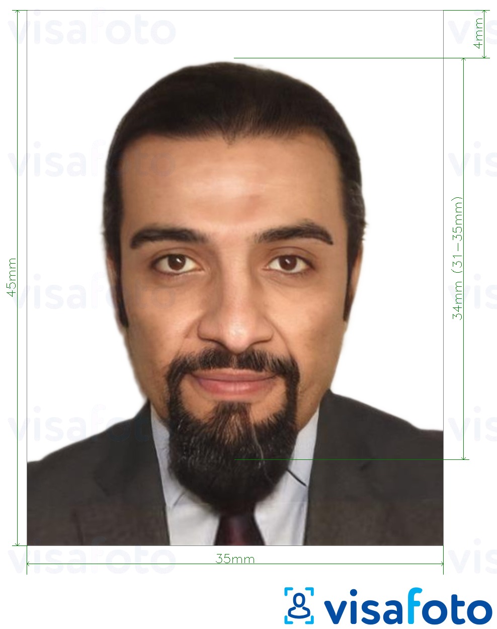 Exemple de foto per a Targeta d’identificació Emirats Àrabs en línia 35x45 mm amb la mida exacta especificada