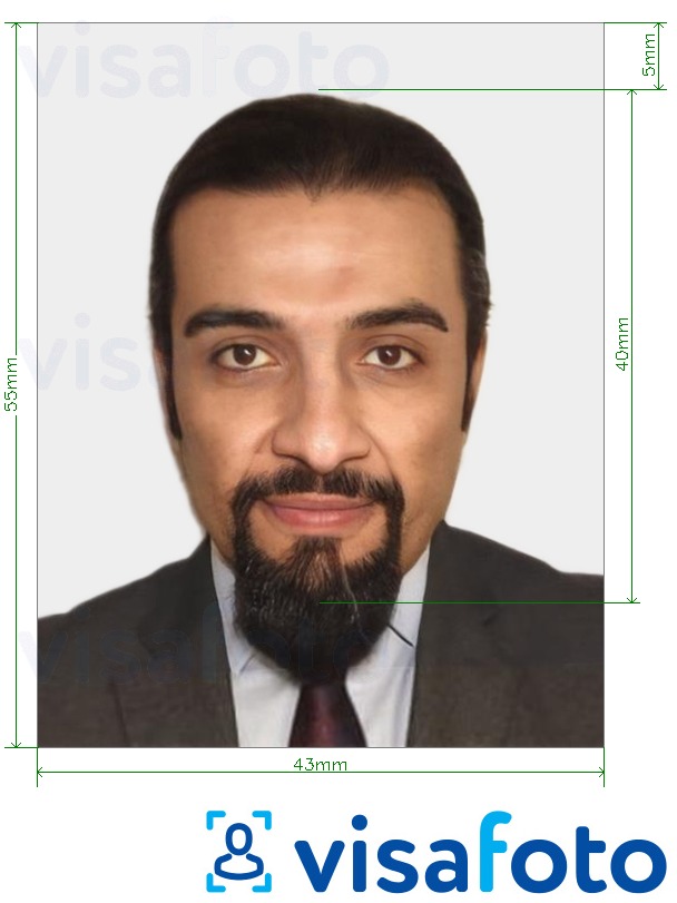 Exemple de foto per a UAE Visa fora de línia 43x55 mm amb la mida exacta especificada