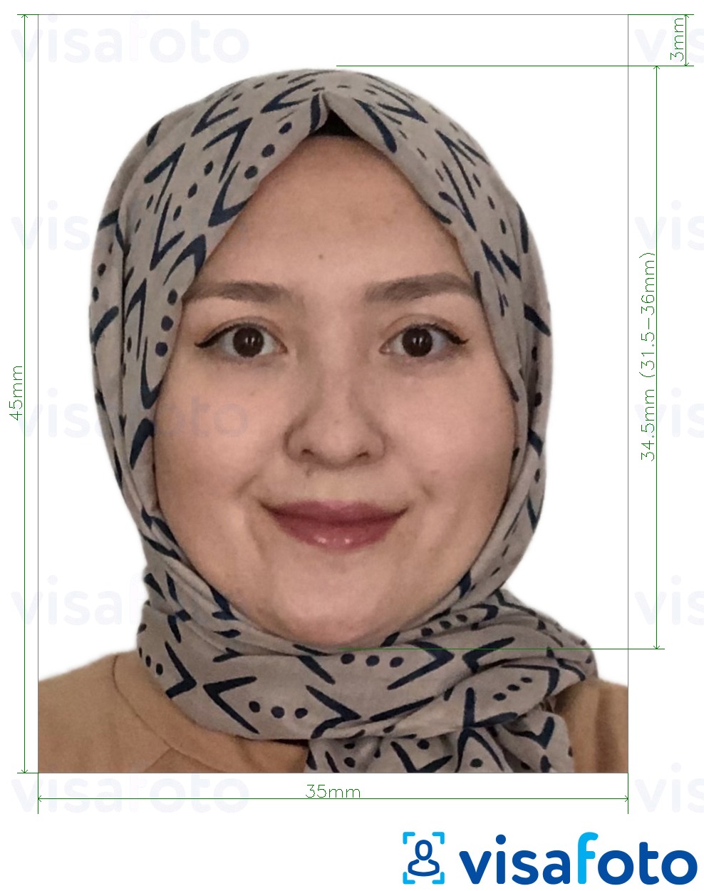 Exemple de foto per a Visa d'Afganistan 35x45 mm (3,5x4,5 cm) amb la mida exacta especificada
