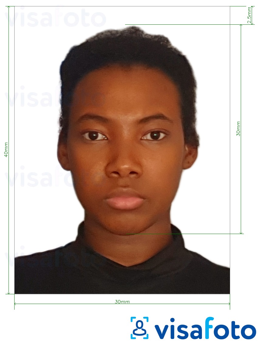Exemple de foto per a Visa d'Angola 3x4 cm (30x40 mm) amb la mida exacta especificada