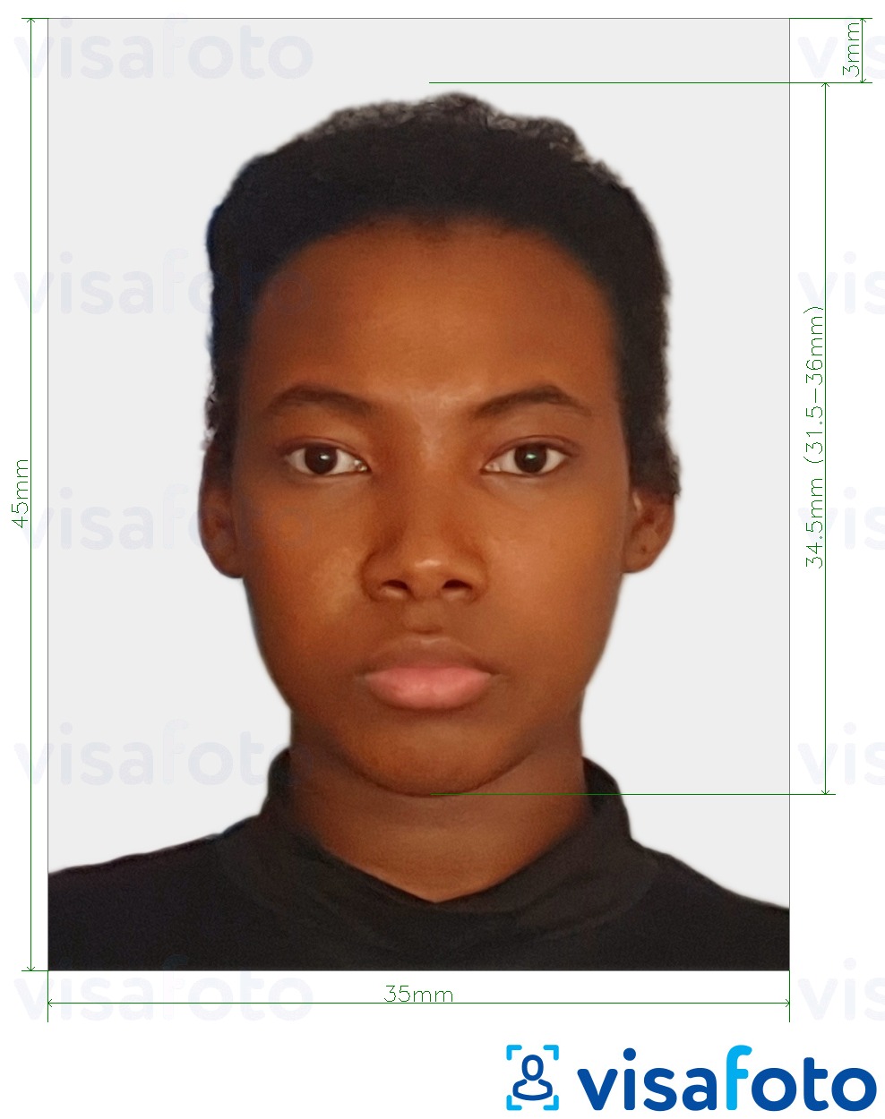 Exemple de foto per a Visa de Côte d'Ivoire 4,5x3,5 cm (45x35 mm) amb la mida exacta especificada