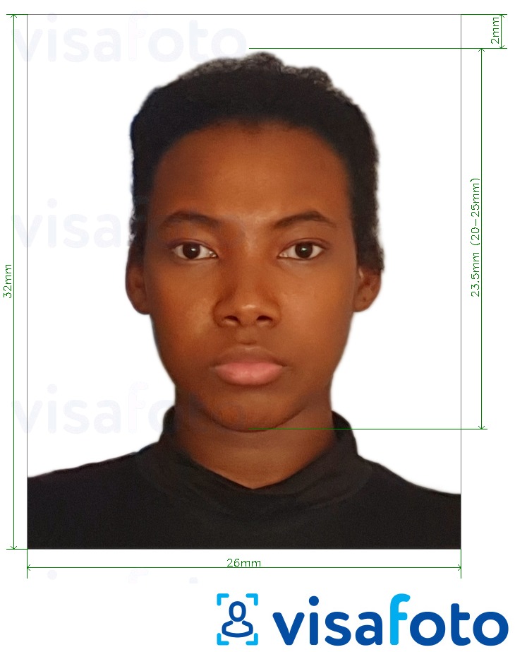 Exemple de foto per a Guyana passaport 32x26 mm (1.26x1.02 polzades) amb la mida exacta especificada