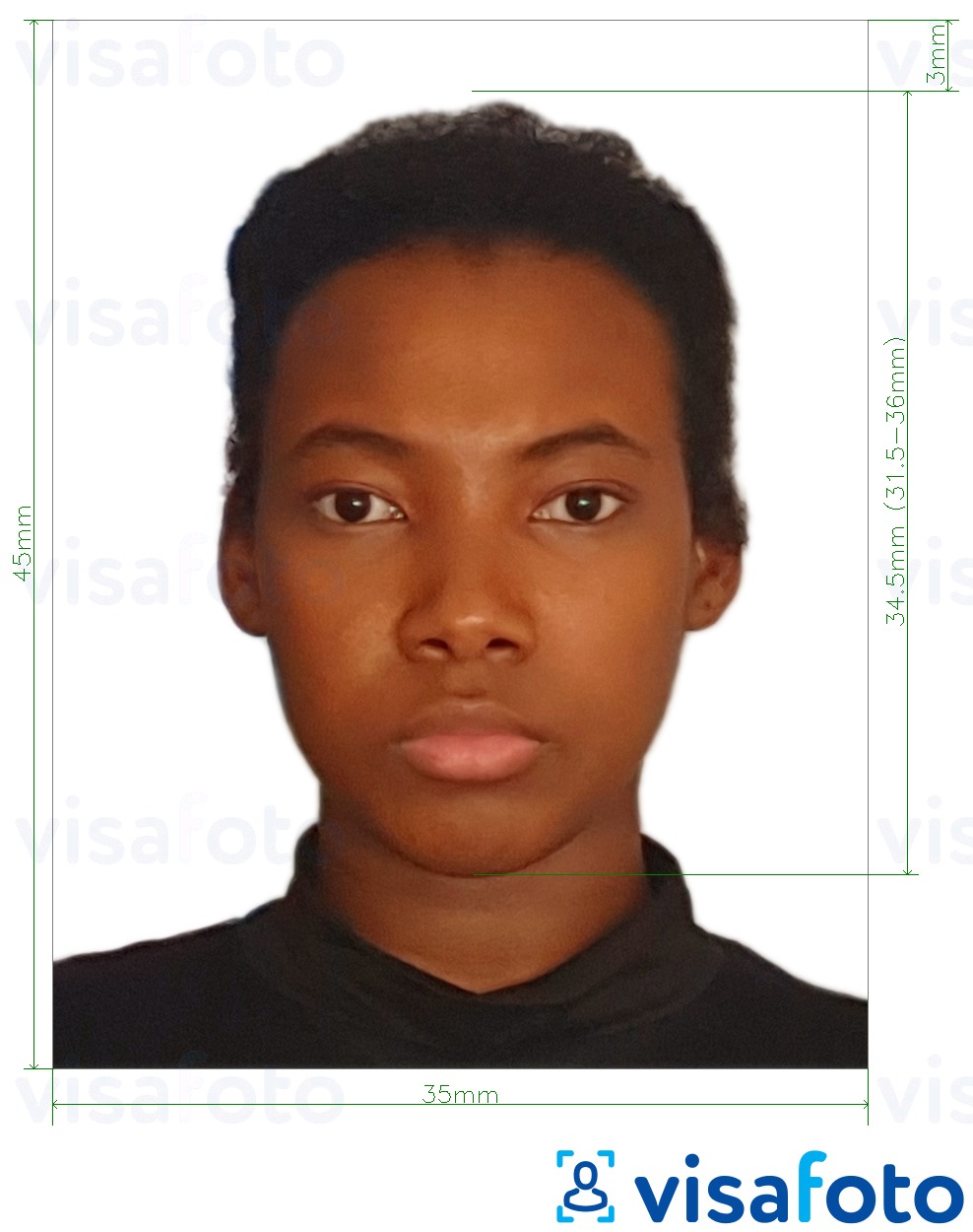 Exemple de foto per a Guyana passaport 45x35 mm (1.77 x 1.38 polzades) amb la mida exacta especificada
