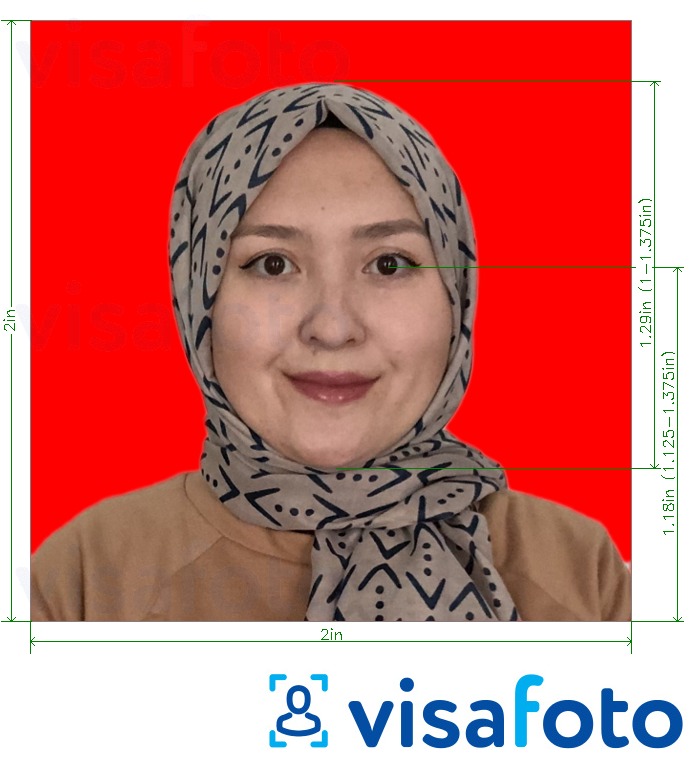 Exemple de foto per a Passaport indonesi de 51x51 mm (2x2 polzades) de fons vermell amb la mida exacta especificada
