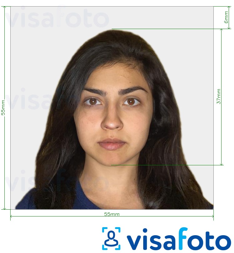 Exemple de foto per a Israel Visa 55x55mm (generalment des de l'Índia) amb la mida exacta especificada