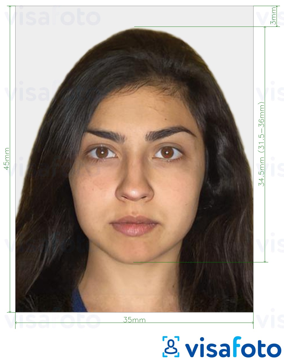 Exemple de foto per a Israel Visa 35x45mm (3.5x4.5 cm) amb la mida exacta especificada