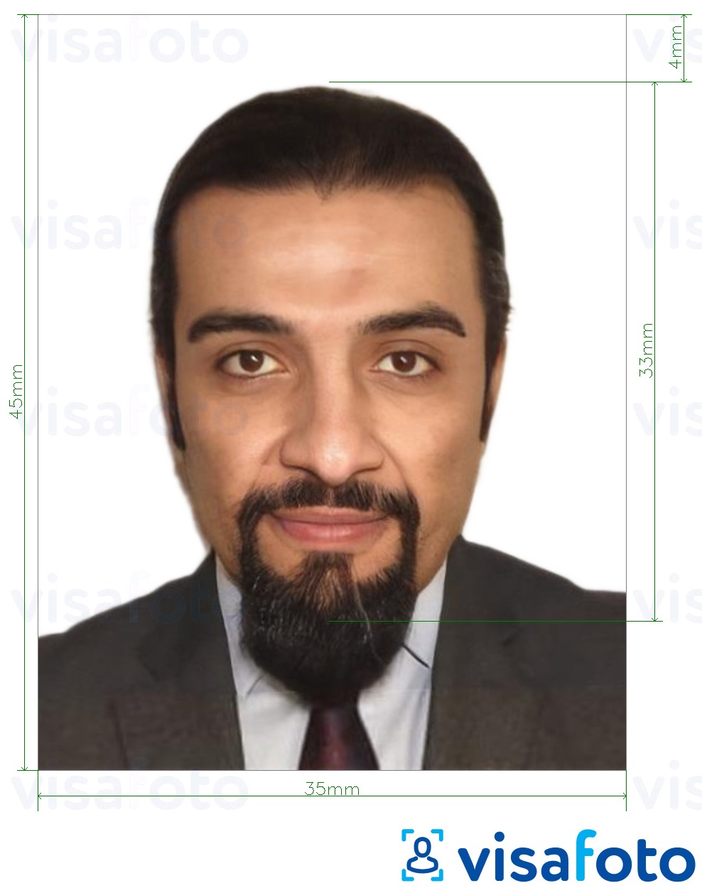 Exemple de foto per a Visa de Jordània 3,5x4,5 cm (35x45 mm) amb la mida exacta especificada