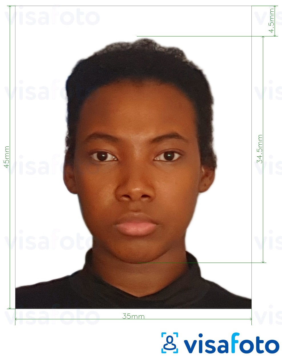 Exemple de foto per a Passaport de Kenya 35x45 mm amb la mida exacta especificada