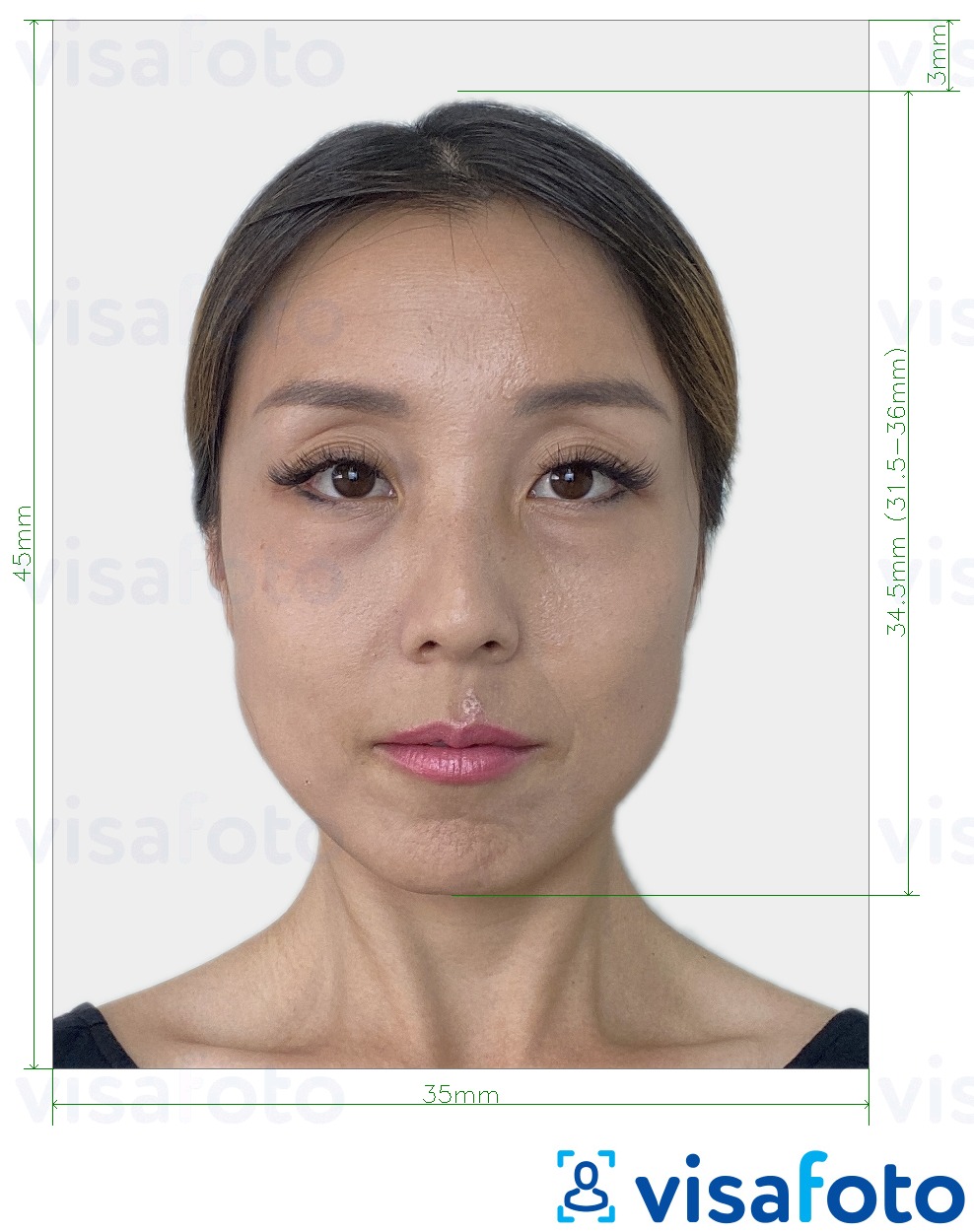 Exemple de foto per a Passaport de Corea del Sud 35x45 mm (3,5x4,5 cm) amb la mida exacta especificada