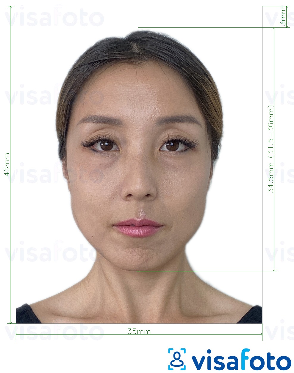 Exemple de foto per a Passaport de Mongòlia 3,5x4,5 cm (35x45 mm) amb la mida exacta especificada