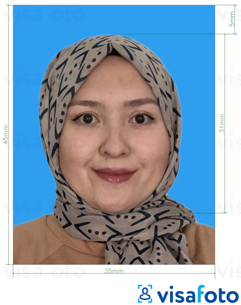 Exemple de foto per a Malàisia Visa 35x45 mm fons blau amb la mida exacta especificada