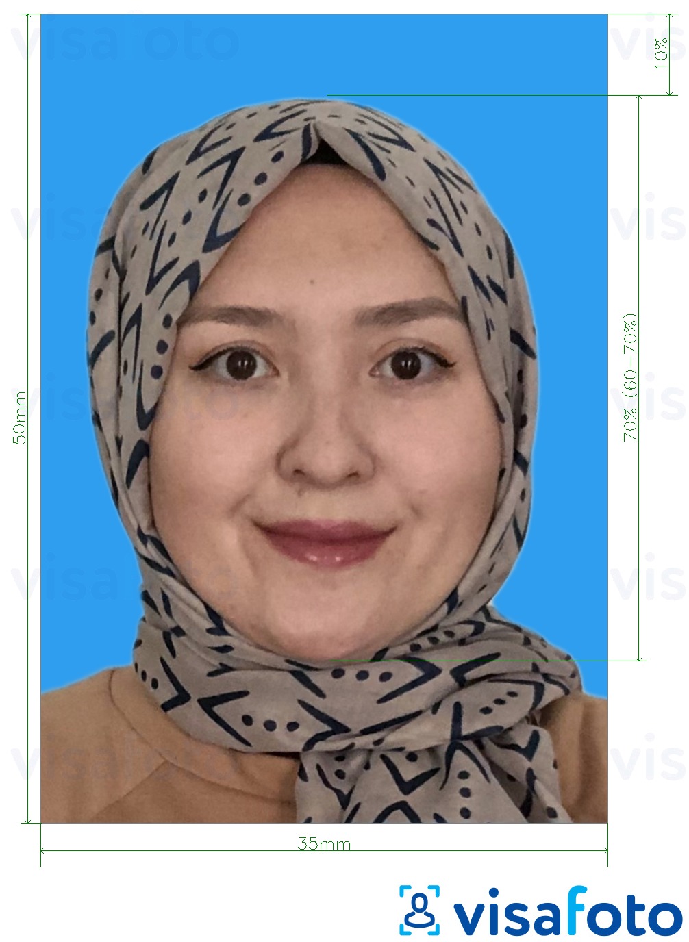 Exemple de foto per a Malàisia Visa 35x50 mm fons blau amb la mida exacta especificada
