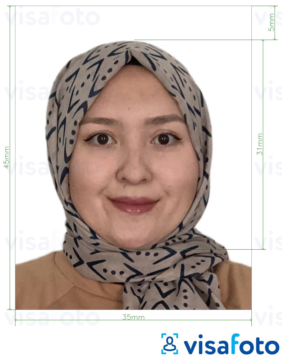 Exemple de foto per a Malàisia Visa 35x45 mm fons blanc amb la mida exacta especificada
