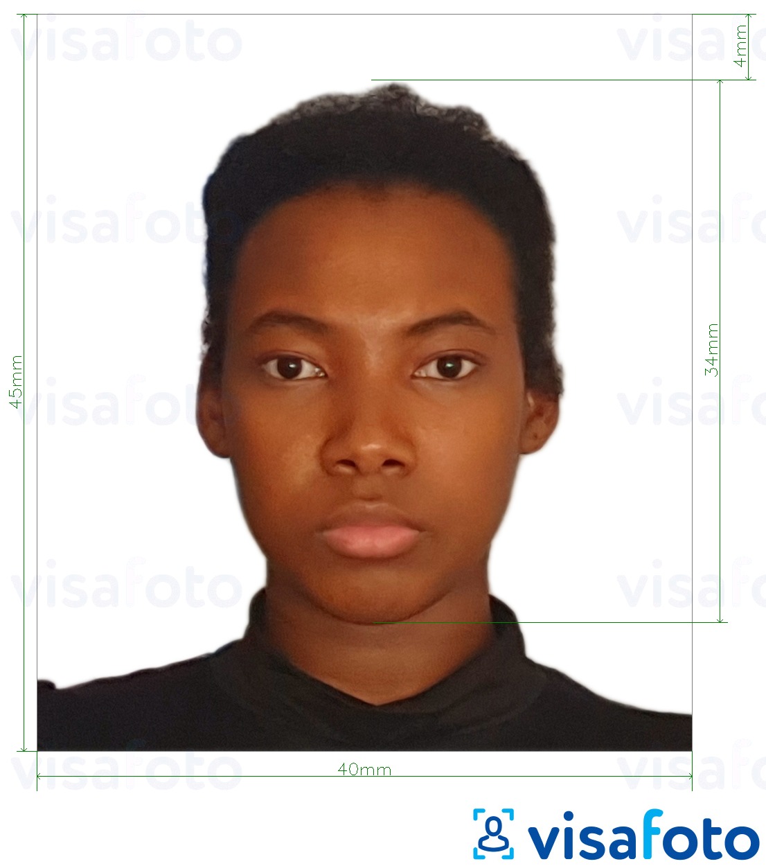 Exemple de foto per a Passaport de Tanzània 40x45 mm (4x4,5 cm) amb la mida exacta especificada