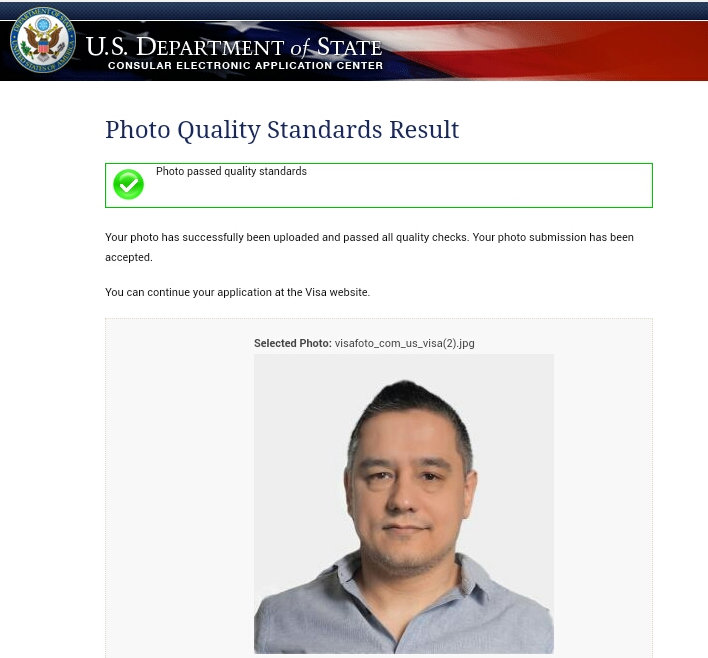Pantalla d'èxit de càrrega de fotos de visa d'EUA